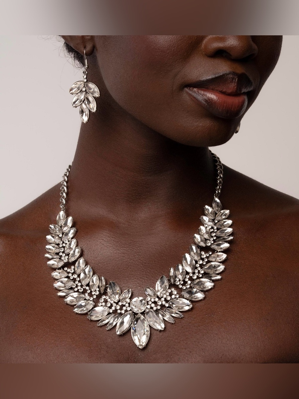 Elegant Silver Crystal Leaf Necklace & Earrings Set